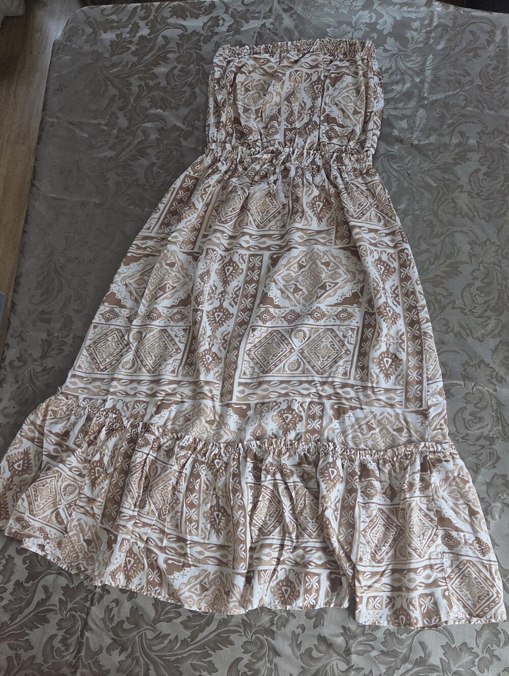 Salty Lemon Midi Dress Strapless Cream And White Aztec